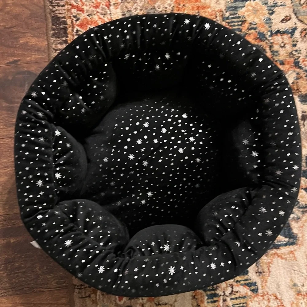 Black Starry Plush Cat Bed - Cozy Round Pet Nest